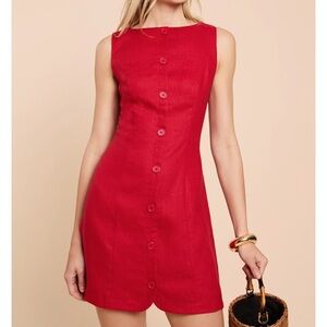 Chic Red Button-Down Mini Linen Dress